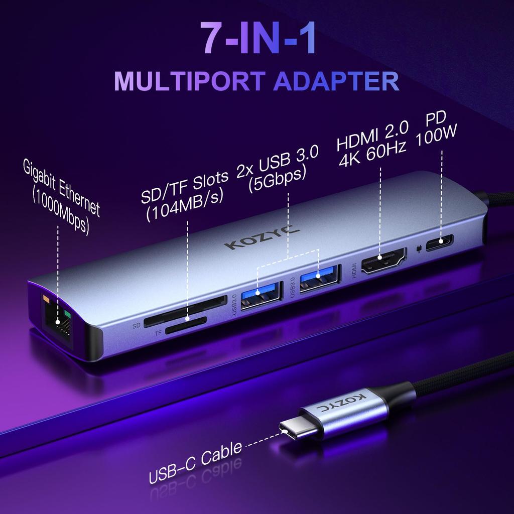 USB C Hub Multiport KOZYC USB C Hub 7 In 1 HDMI 4K 1Gbps RJ45 2 USB Data Card Compatible with Macbook Adapter, USB-C - 60Hz, Ethernet, 3.0 Ports,