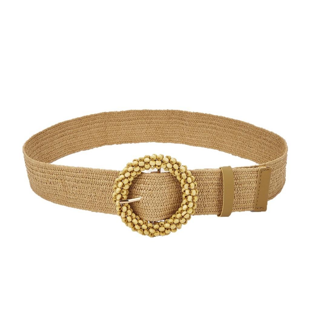 Simple Solid Color Bead Ring Buckle Decoration Women Woven Belt For Casual Ethnic Wear