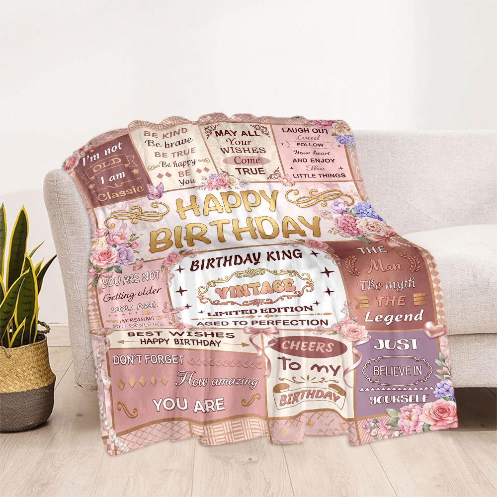 Vintage Birthday Celebration Blanket Soft Warm Cozy Perfect for Seaside Picnics Sofa All-Season Use Stylish Decor