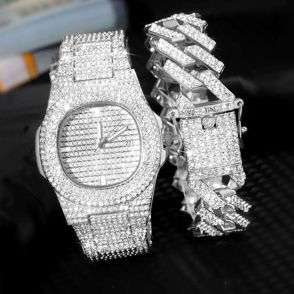 Новые часы Iced Out, мужские кубинские звенья, браслет-цепочка, ожерелье, колье, блестящие ювелирные изделия, мужские большие золотые цепочки, комплект часов в стиле хип-хоп, панк