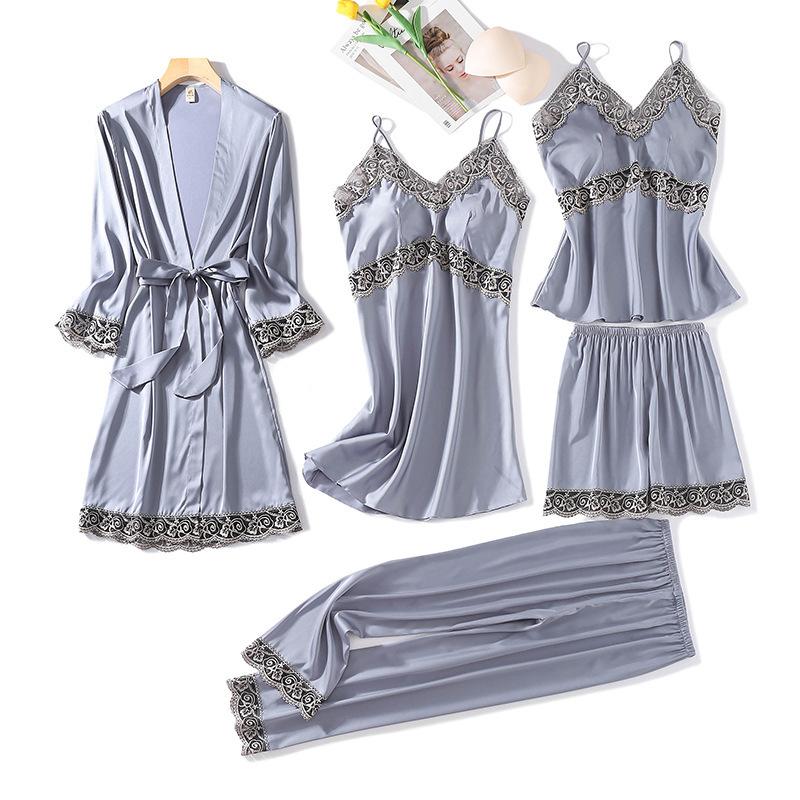 Spring and summer pajamas female sexy five-piece set silk thin with chest pad suspender nightdress women's nightgown homewear