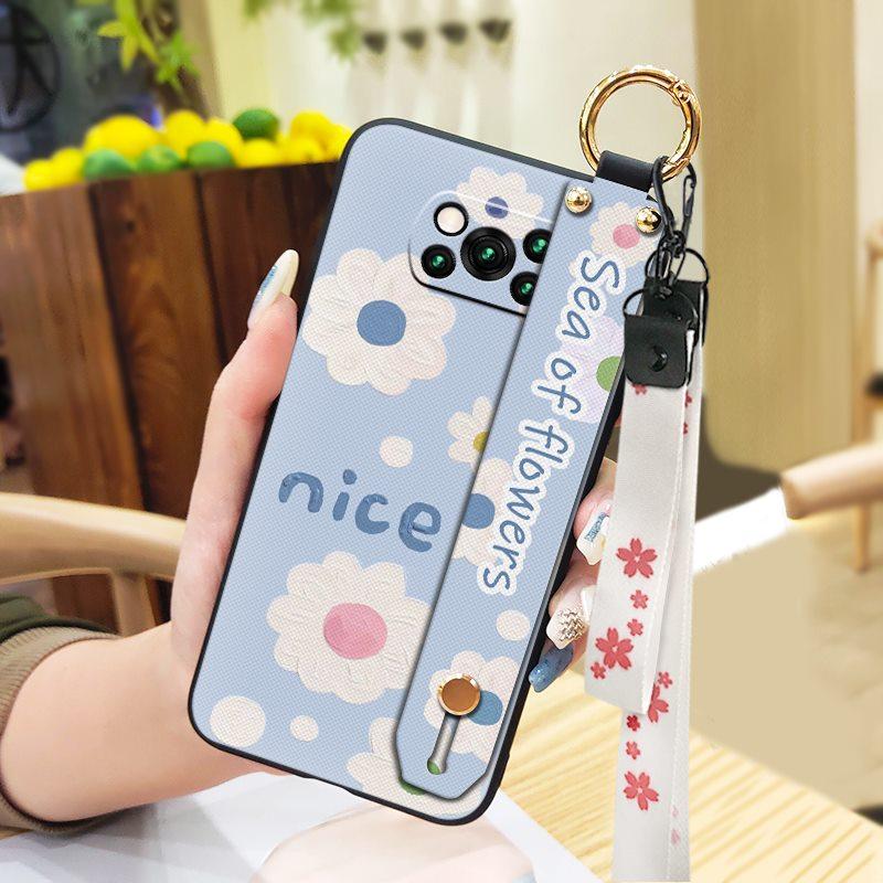 Anti-knock Protective Phone Case For Xiaomi Poco X3 NFC/X3 Pro Durable Oil Painting Phone Holder Wrist Strap Flower Ring