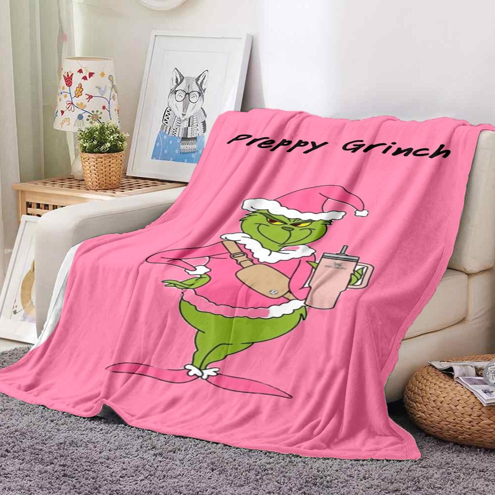 Preppy Grinch Flannel Blanket Throw Blanket Soft Warm Sofa Bed Camping Home Decor Unique Christmas Gift C9211456