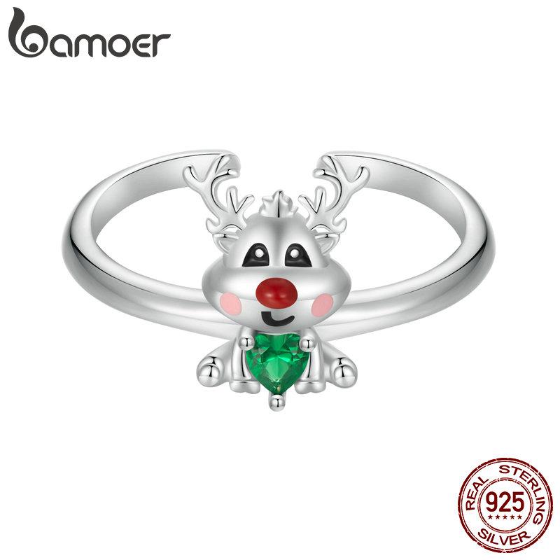 BAMOER, классическое регулируемое кольцо из стерлингового серебра 925 пробы с оленями, зеленое кольцо с цирконом для женщин, рождественский подарок, ювелирные изделия