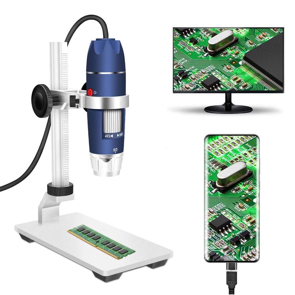 Jiusion HD 2MP USB Цифровой микроскоп, Увеличение от 40x до 1000x, Портативная эндоскопическая камера-увеличитель с 8 светодиодами, Стабильная подставка из алюминиевого сплава, OTG,