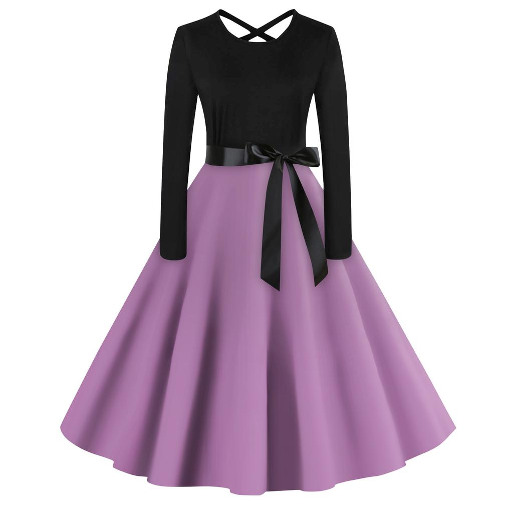 Женское повседневное однотонное платье-пуловер с круглым вырезом и высокой талией с длинными рукавами