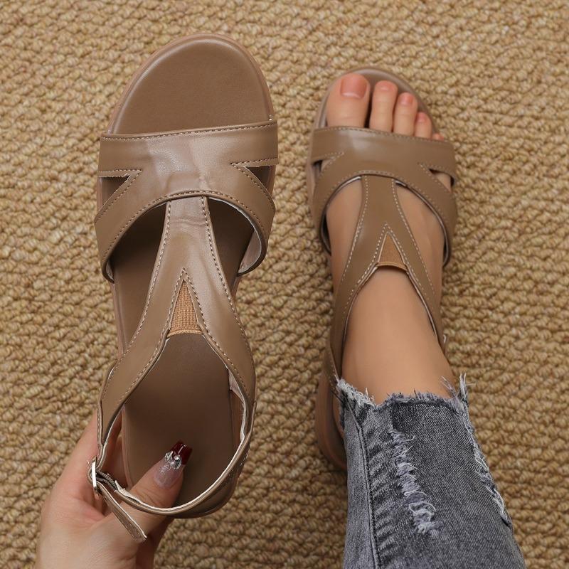 Genuine Leather Sandals Women's Shoes 2024 Summer Open Toe Mid Heel Retro Roman Sandals Women's Shoes High Heels
