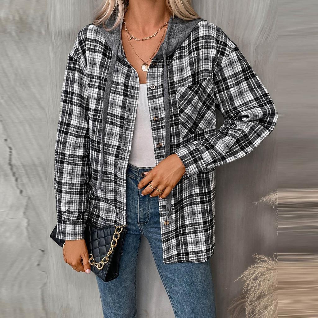 Женская модная широкая клетчатая куртка-рубашка с длинными рукавами и карманами на пуговицах и капюшоном