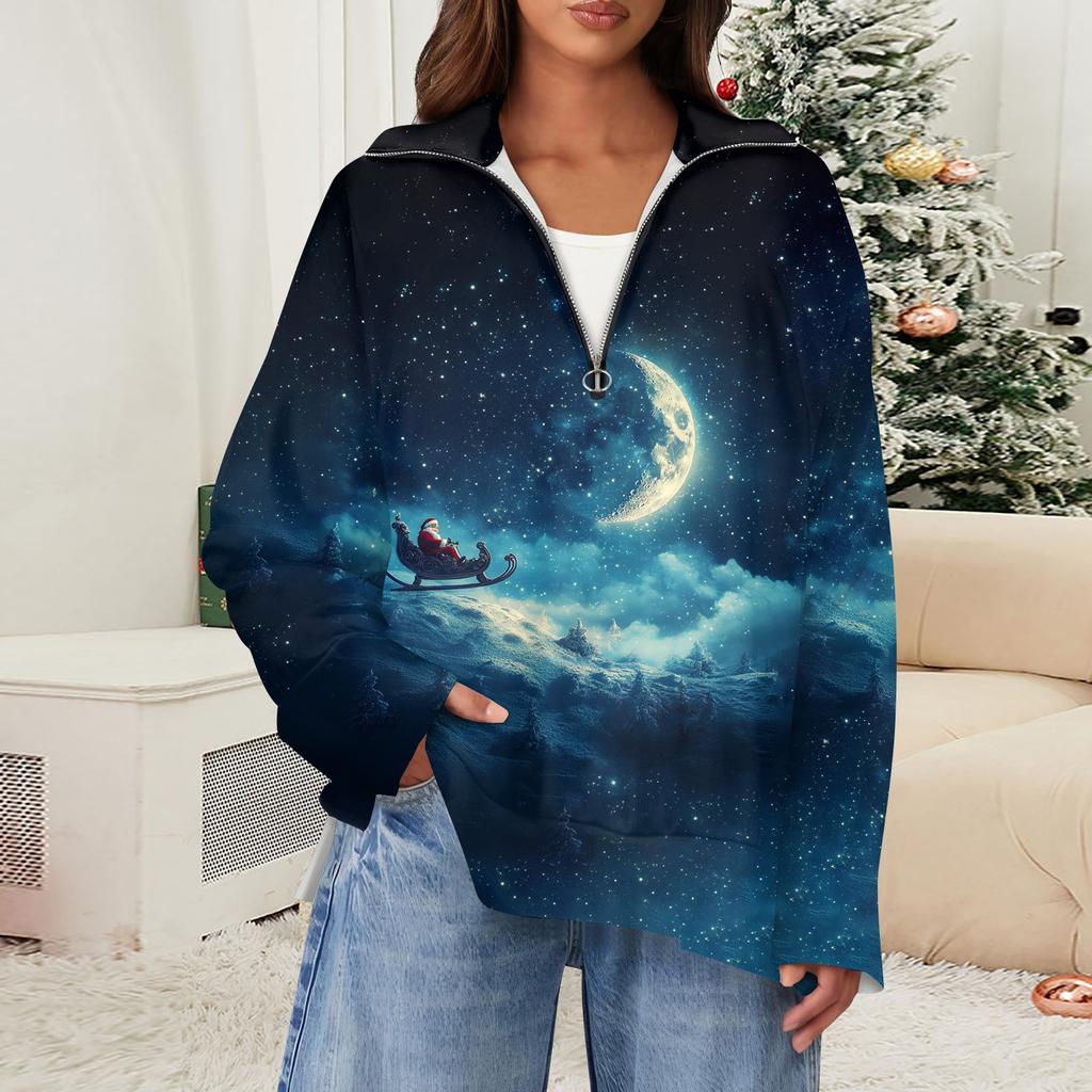 Женский повседневный свитер с полумолнией и лацканами со снежинками и разрезом сверху по бокам, модная одежда