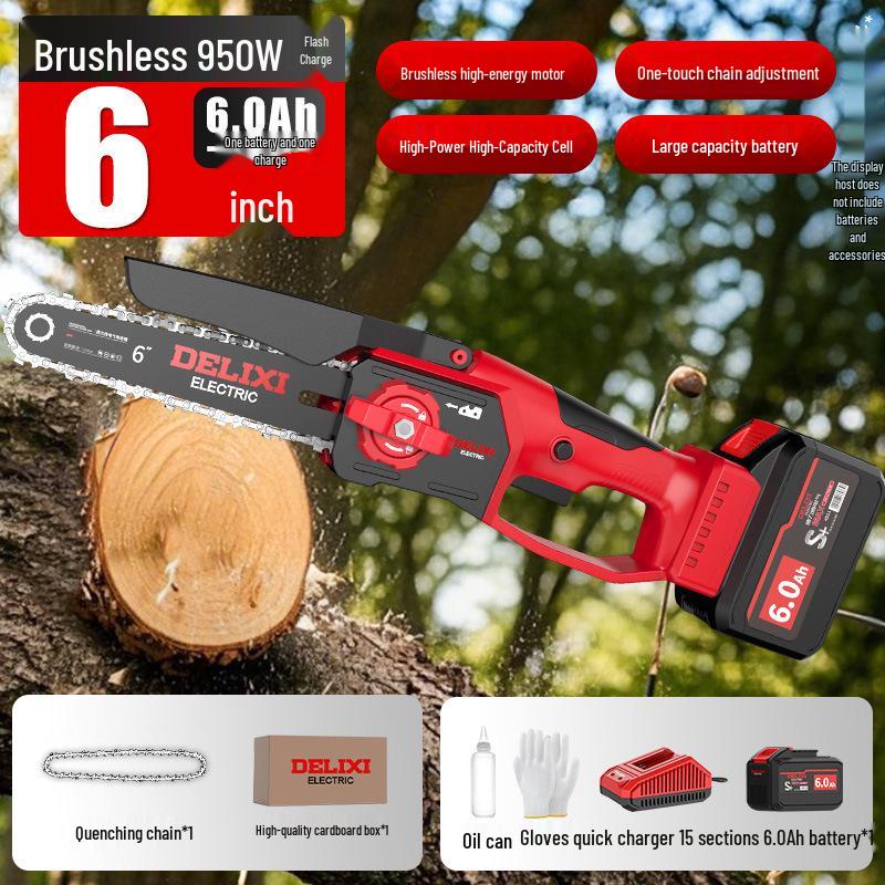 Delixi Rechargeable Brushless Electric Chainsaw with Lithium Battery - Handheld Garden Pruning and Felling Tool for Fruit Trees.