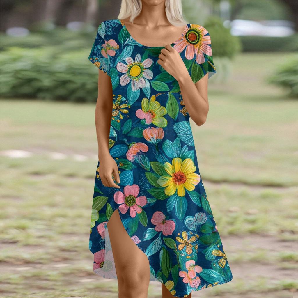 Short Sleeve Boho Dress For Women Casual Loose Fit Summer Sundress Floral Print Dress With Pockets