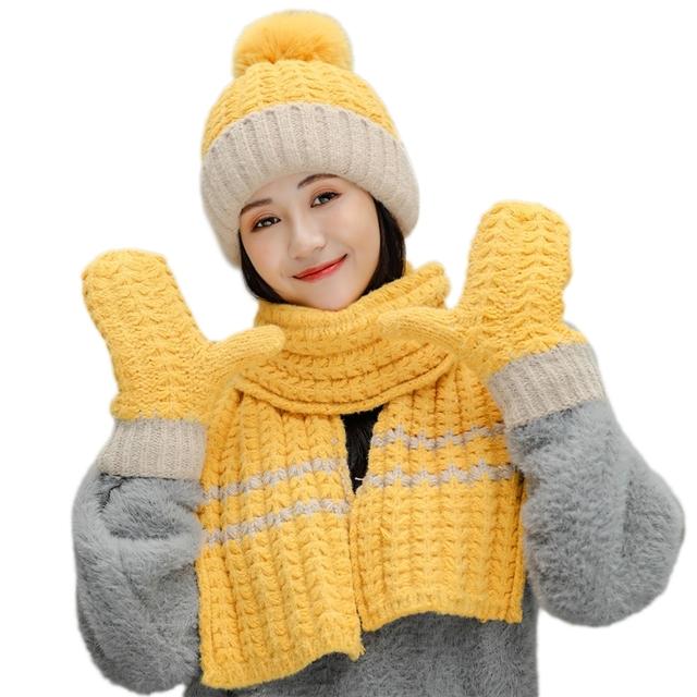 Women Winter 3Pcs Pompom Beanie Hat Long Scarf Gloves Set Contrast Color Chunky Knit Plush Lined Skull Cap Neck Warmer
