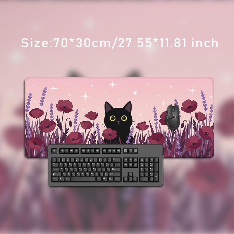 Mouse Pad Black Cat Pink Flower Field Gamer printon demand Large HD Mousepad XXL MousePads Carpet Non-Slip Office PC Table Mat