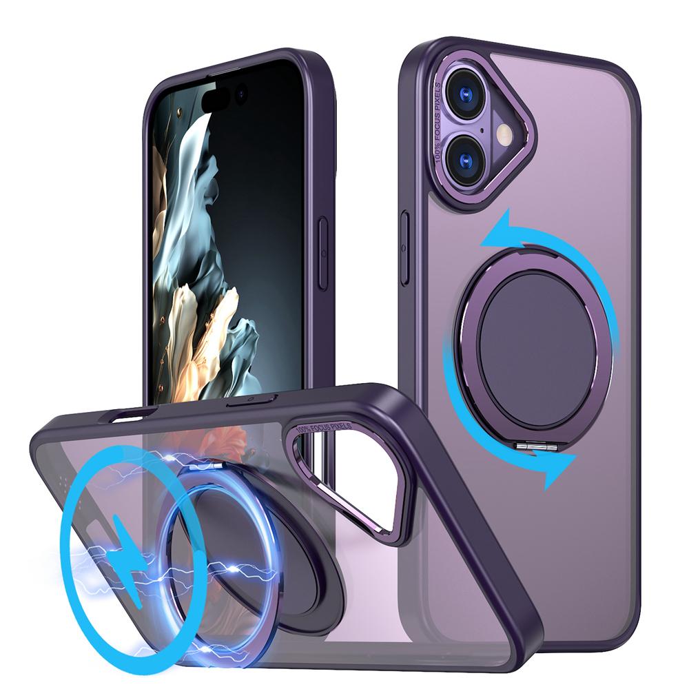 KEYSION Противоударный матовый чехол для MagSafe для iPhone 16 16 Plus с вращающимся на 360 ° магнитным кольцом-подставкой, прозрачная задняя крышка для телефона