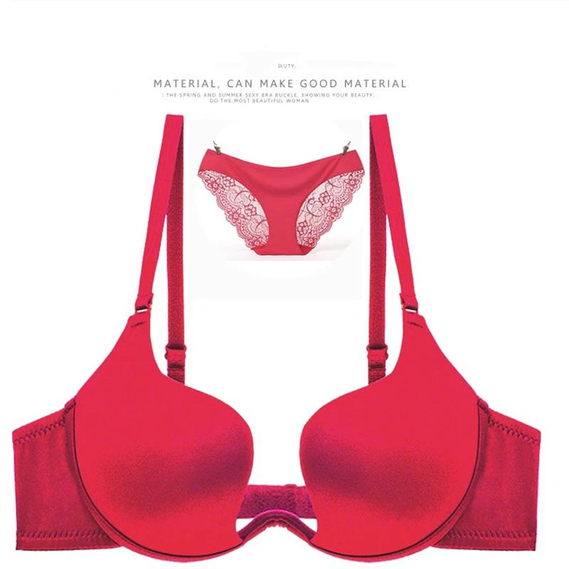 Women's Half-cup Bra Set Sexy Gather U-shaped Bra Simple Glossy Brassiere Top Thin Bottom Thick Underwear Set Adjustable Low-cut Off Shoulder Bra Set