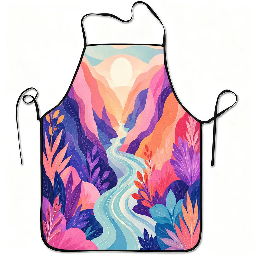 1pc Colorful Abstract Mountain River Print Apron, Durable And Easy to Clean, Adjustable Waistband, Polyester Material, for Kitchen Cooking, Gardening,
