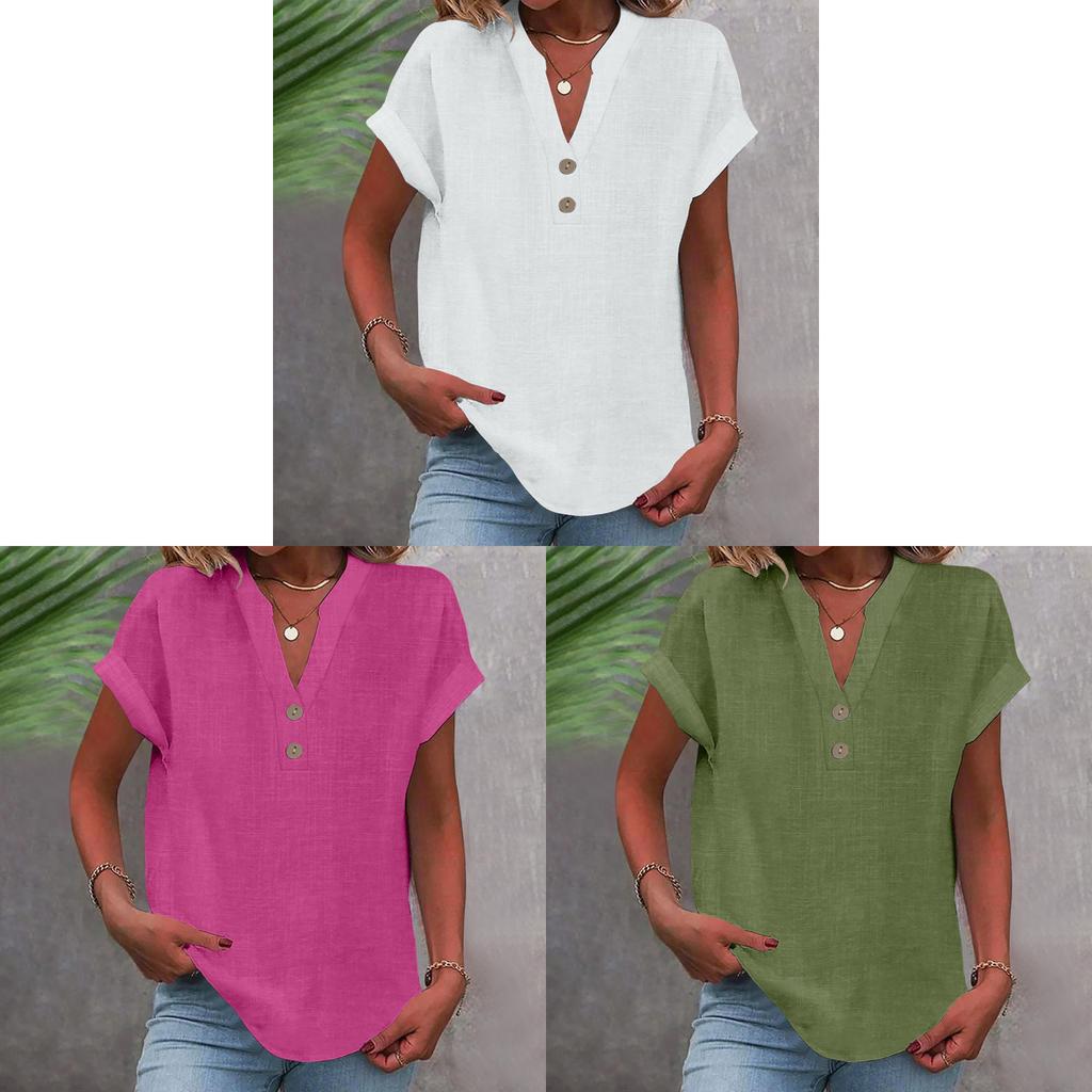 Summer Women Shirt With Stand Collar Short Sleeve Cotton Blended Fabric For Casual Wear