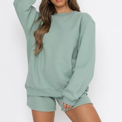 Женский удобный повседневный модный однотонный свитшот с круглым вырезом и шорты, комплект из двух предметов