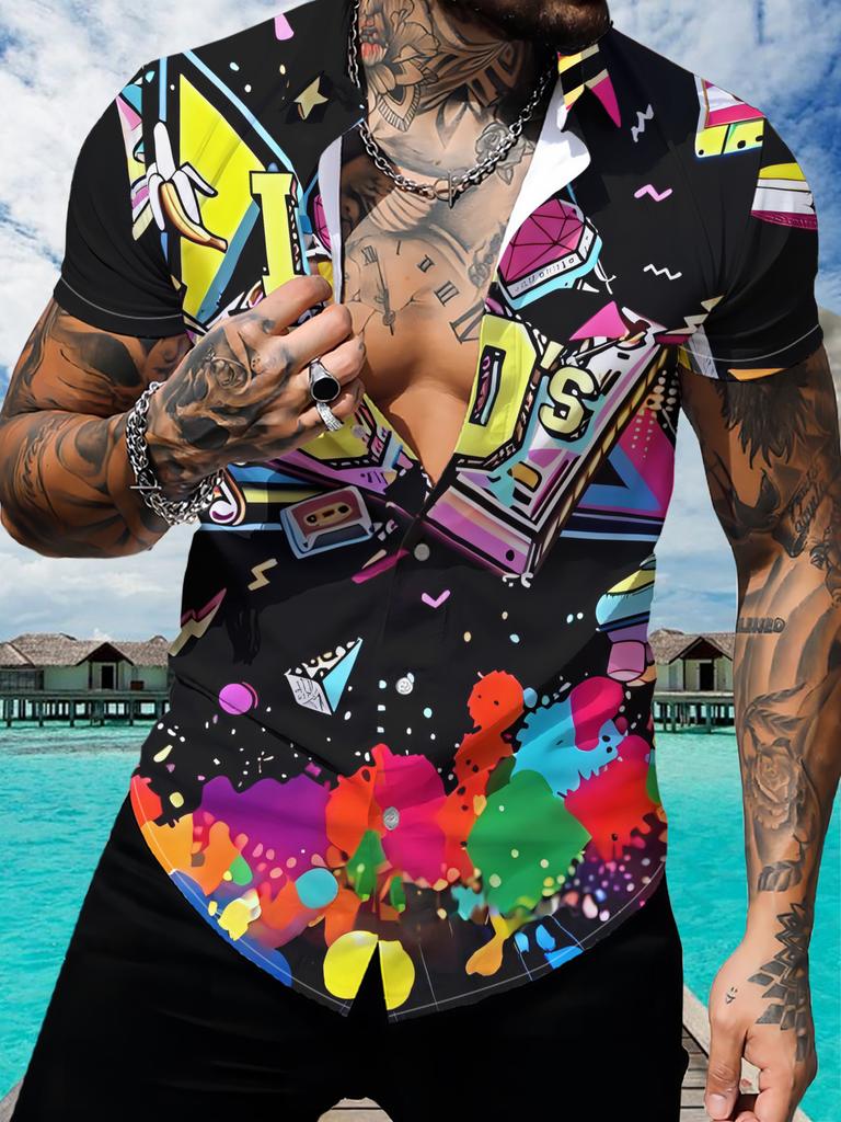 Men's Hawaiian Shirt I Love 90s Colorful Trendy Elements Pattern Print Casual Button- Shirt Short Sleeve Top