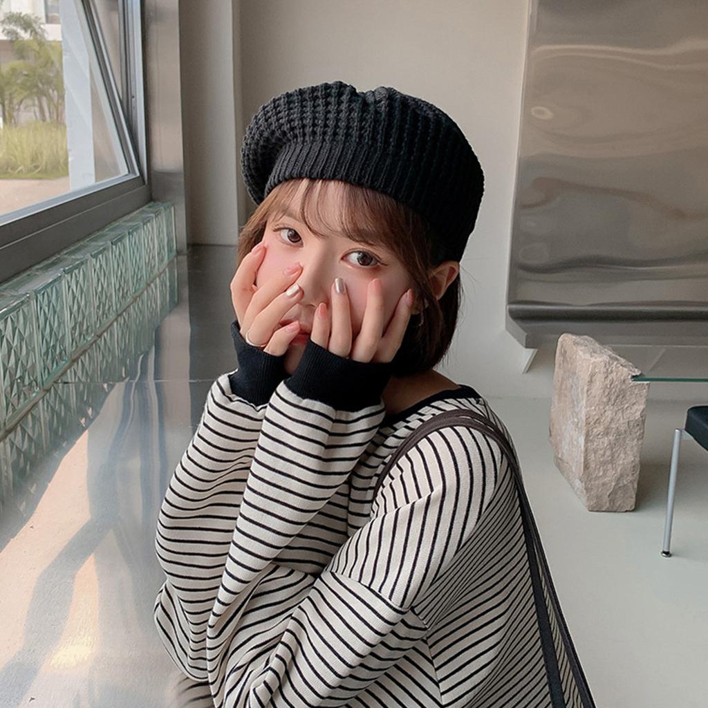 Women Solid Color Knitted Berets Autumn Spring Hollow Out Breathable Beanie Cap Female Girl Fashion Artist Painter Newsboy Cap