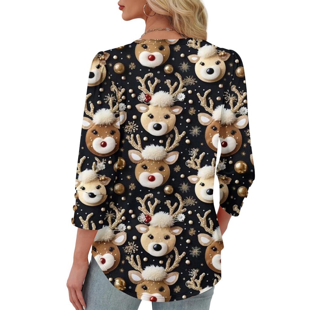 Women's Fashionable Casual Christmas Printed V-neck Top