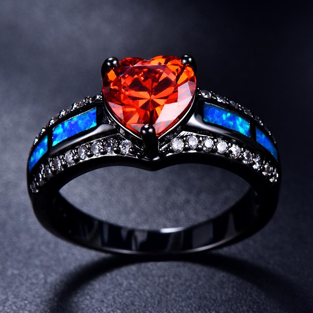 European and American Fashion Style Black Gold Inlaid Colorful Heart Shaped Ring and Bracelet Accessory