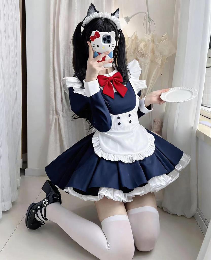 KALAOK Maid Cute Lolita Plus Popular for 2XL Costume, Dress, Size, Halloween, Cosplay, Navy,