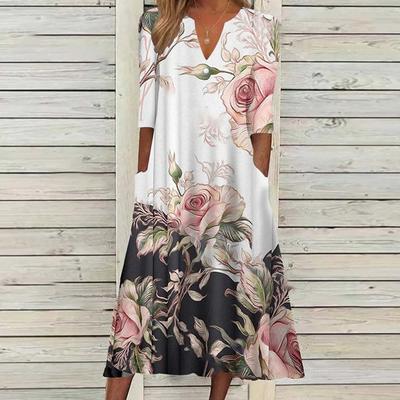 Женская мода лето весна цветочный принт рукав 2/1 с v-образным вырезом повседневные платья