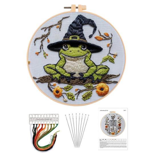 1 Set Halloween Embroidery Kit with Hoop Threads Scissors Threader Beginners Gothic Stamped Cross Stitch Hand Embroidery Starter Kit