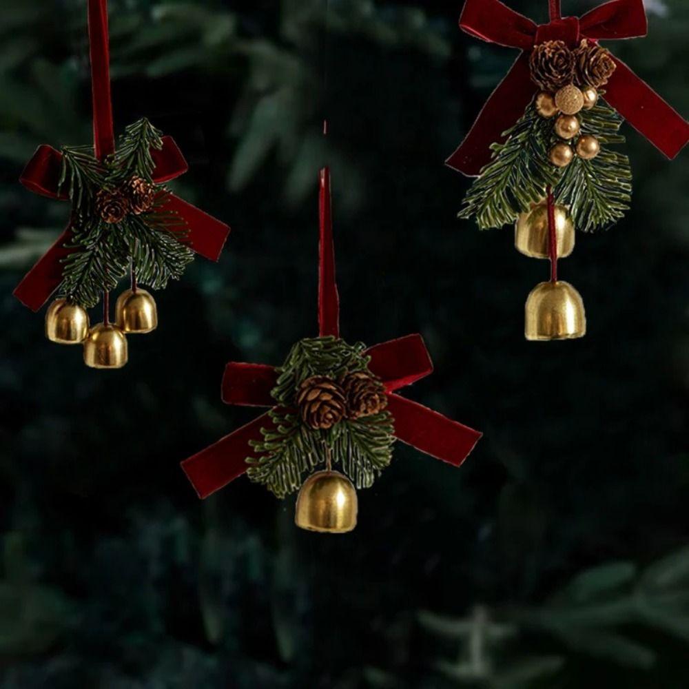 Новый Рождественский Кулон-Бант из Красного Бархата Тканевый Золотой Подвесной Орнамент на Елку Шишка Колокольчик Декоративные Принадлежности Маленькие Подвески-Колокольчики