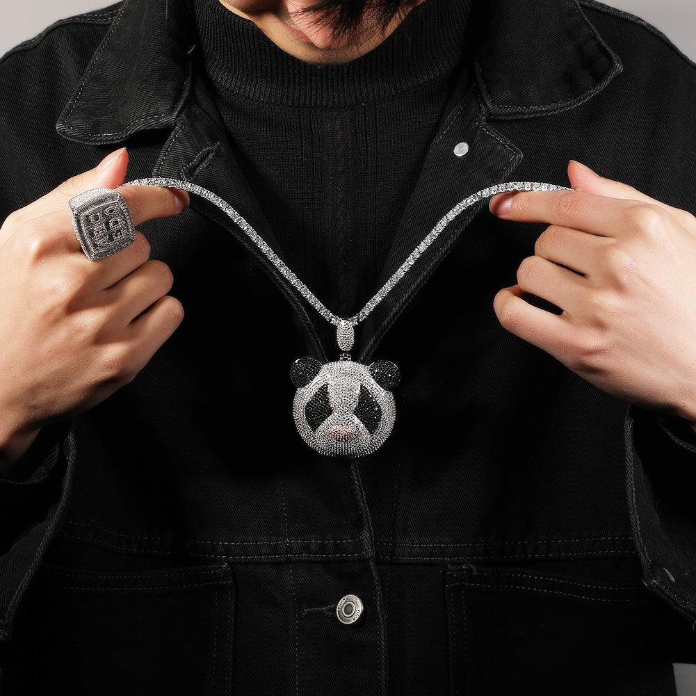 Европейский и американский Ins, серебряный полный бриллиант, индивидуальный кулон с гигантской пандой, модный мультяшный модный крутой мужской орнамент в стиле хип-хоп