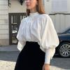White Fashion Shirt Stand-up Collar Lantern Sleeve Pleated Design Loose Casual Commuting Blouses Elegant Office Lady 2025 Spring and Summer