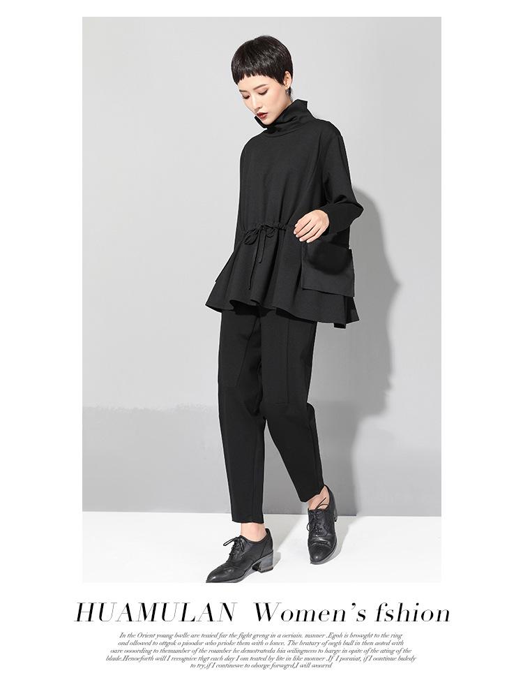 Трендовый женский топ в европейском и американском стиле, темный, с длинными рукавами и кулиской на талии - весна/осень