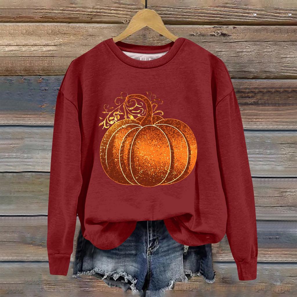 Женская мода Хэллоуин с длинным рукавом с принтом Свободная толстовка с круглым вырезом Топ