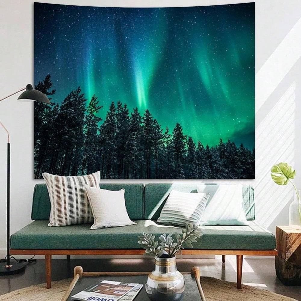 Aurora borealis tapestry to hang on the wall, northern lights, galaxy, starry night, forest, bedroom, back-to-school season, fall gifts, 1 ud.