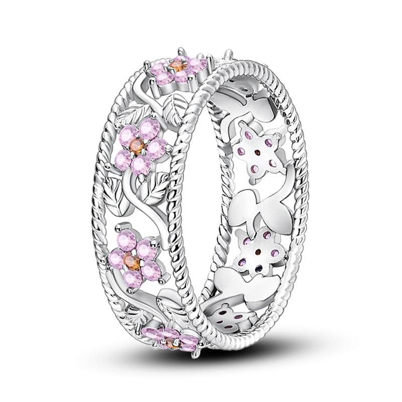 Charms Spring 925 Silver Color Rings Pink Heart Shaped Zircon Cat Rings for Woman Fine Romantic Wedding Engagement Jewelry Gifts