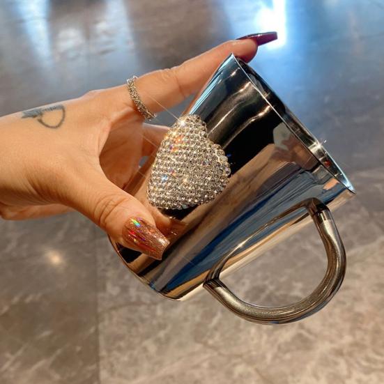 Coffee Mug Heart-Shaped Rhinestone Water Cup Stainless Steel Faux Crystal Mugs for Hot Beverage
