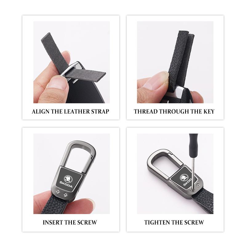 For Skoda Leather Car Keychain Alloy Spring Snap Keyring Kamiq MK3 Roomster Rapid Kodiaq Karoq Fabia Enyaq usbn43