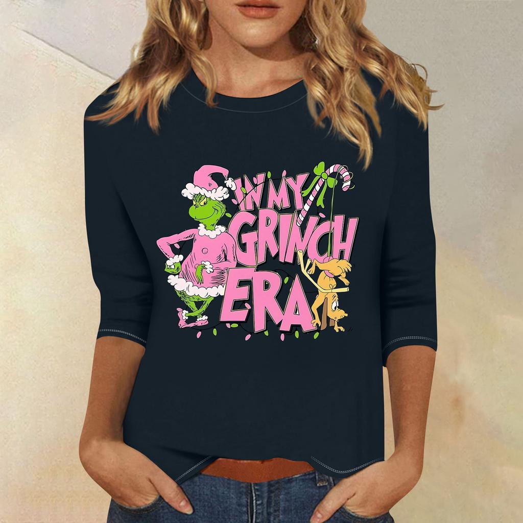 3/4 рукава топы для женщин футболка повседневные рождественские принты топы футболка круглый вырез пуловер блузка