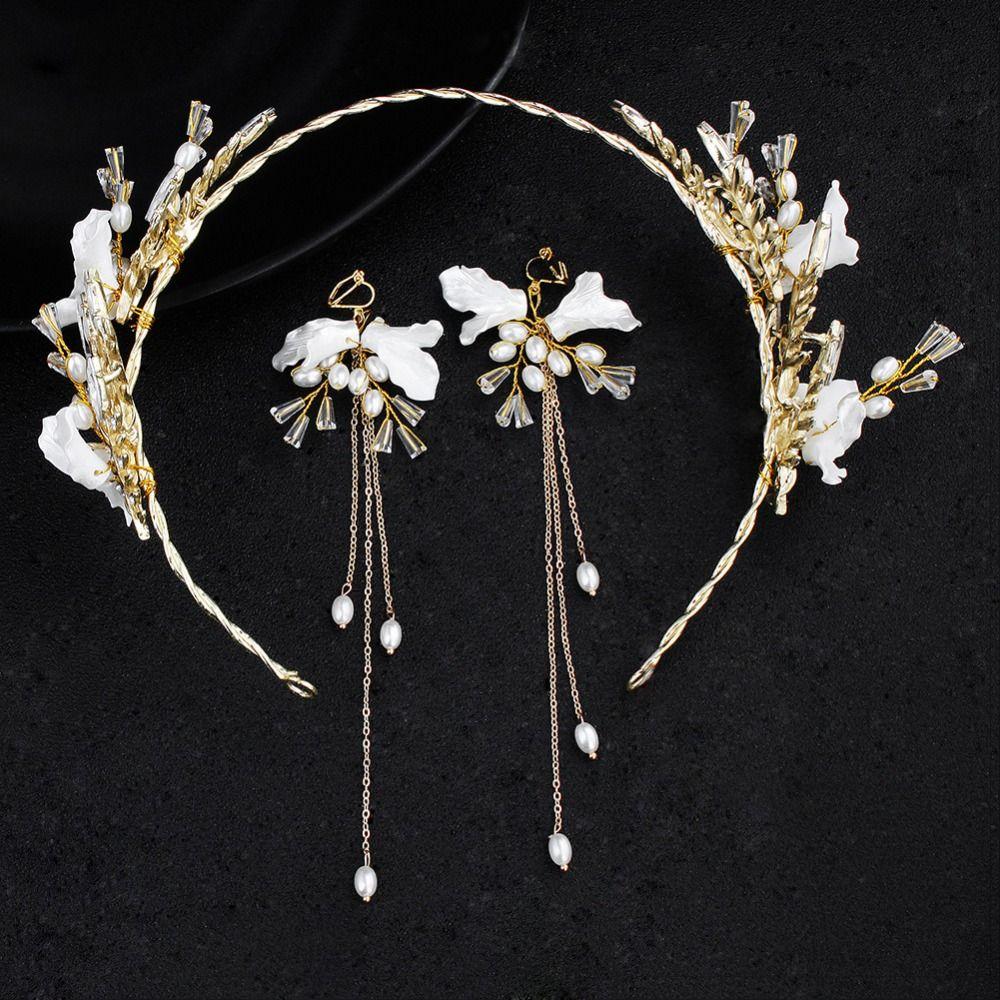 Tassels Earring Bridal Headwear Earring Pearl Crown Elegant Flower Hairband  Women Lady