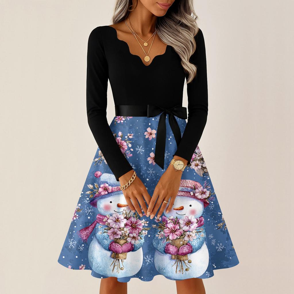 Женское повседневное модное платье с V-образным вырезом и длинными рукавами в стиле ретро с рождественским принтом