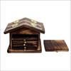 Wooden Home Wellness Tea Coaster In Decorative Hut Shaped Holder, Antique Finish Set of 6
