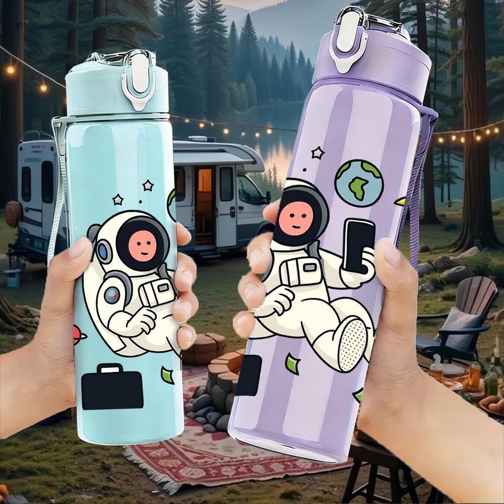 1PC Cartoon Astronaut Floating In Space 750ml Color Plastic Sports Water Bottle Leakproof Flip Straw Lid For Sports Office Home Use