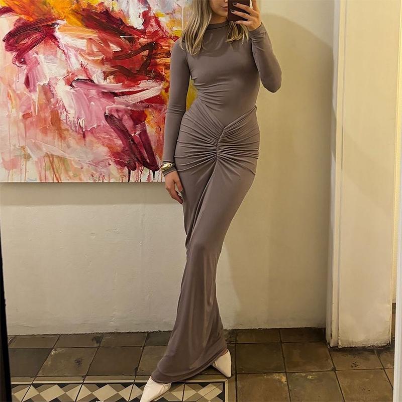 Pleated Dress For Women's Autumn Winter Fashion Long Sleeve Slim High Waist Dresses Femme Solid Patchwork Party Clothes Elegant Evening Dress Women
