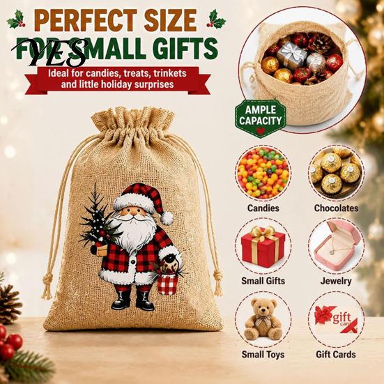 Christmas Party Favor Bags Jute Burlap Gift Bags, Drawstring Treat Candy Mini Advent Calendar Bag, Reusable Linen Packaging Pouch for Holiday