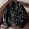 Men Genuine Leather Motorcycle Jacket Heavy Duty Biker Coat with Multiple Zippers