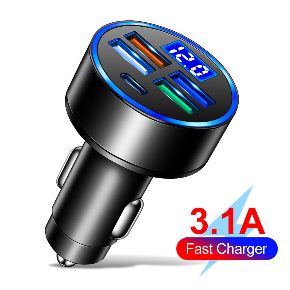 4-портовое автомобильное зарядное устройство USB для быстрой зарядки Pd Type C Автомобильное зарядное устройство USB со светодиодным адаптером для быстрой зарядки для Iphone 14 Pro Samsung
