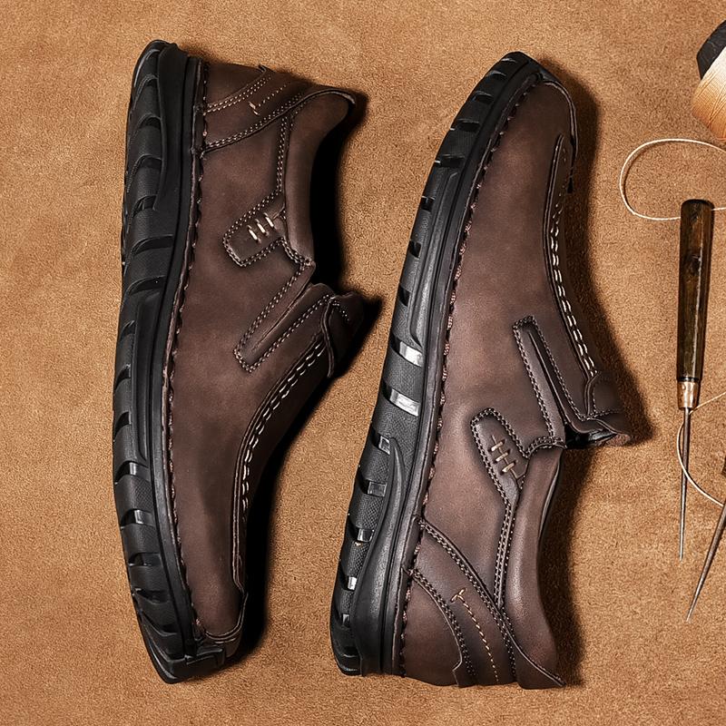 Мужские мокасины коричневого цвета для походов, слипоны, обувь для вождения ручной работы, повседневная кожаная широкая обувь для отдыха на открытом воздухе для папы, большой размер