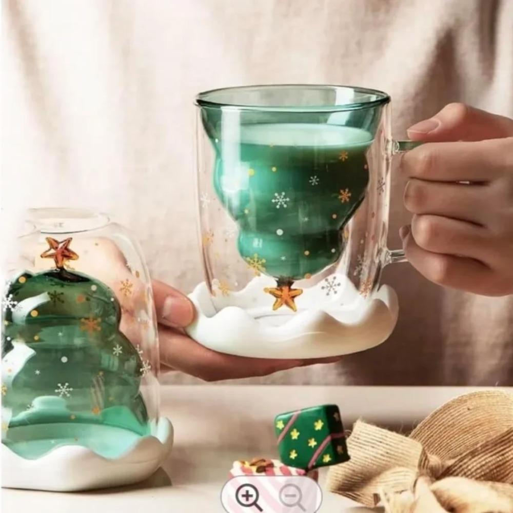 1 шт. 300 мл/10 15 унций Рождественская чашка Стеклянный стакан 'Рождественская елка' с крышкой 'Снежинка' и ручкой Двойные стенки Изолированное стекло Рождество