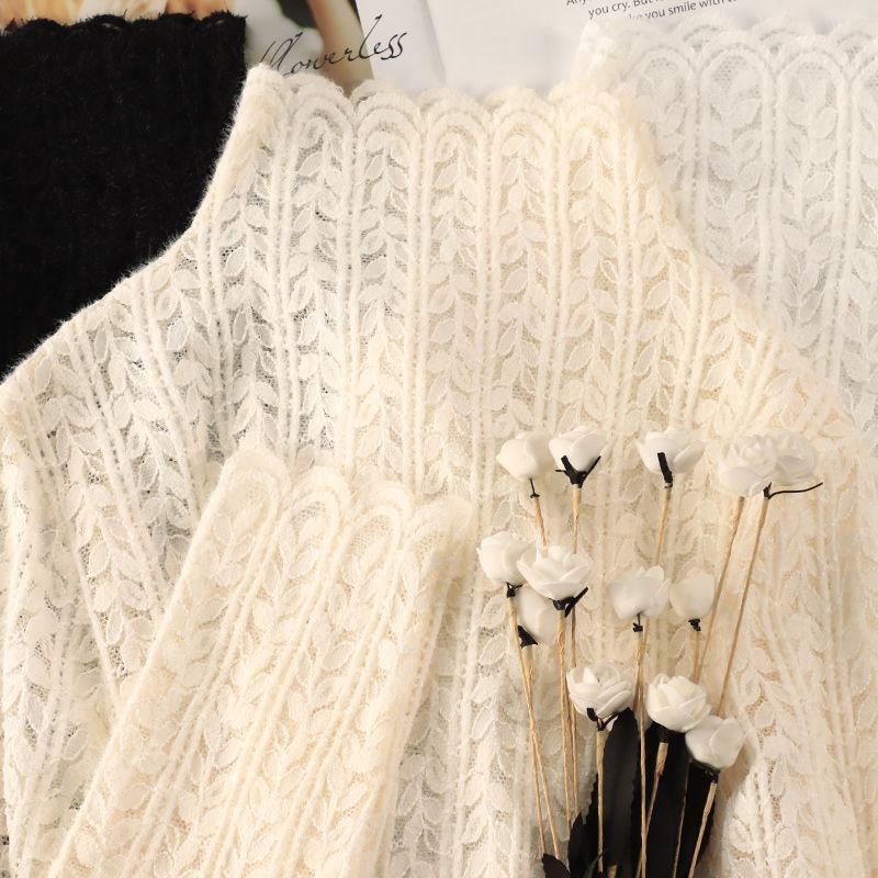 Топ из сетки с высоким воротником и кружевом с начесом для женщин - Модный осенне-зимний слой